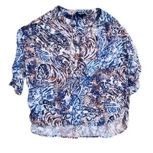 Nine West Jeans Gisella 3/4 Roll Sleeve Multicolor Viscose Hi/Lo Top Missy Sz L